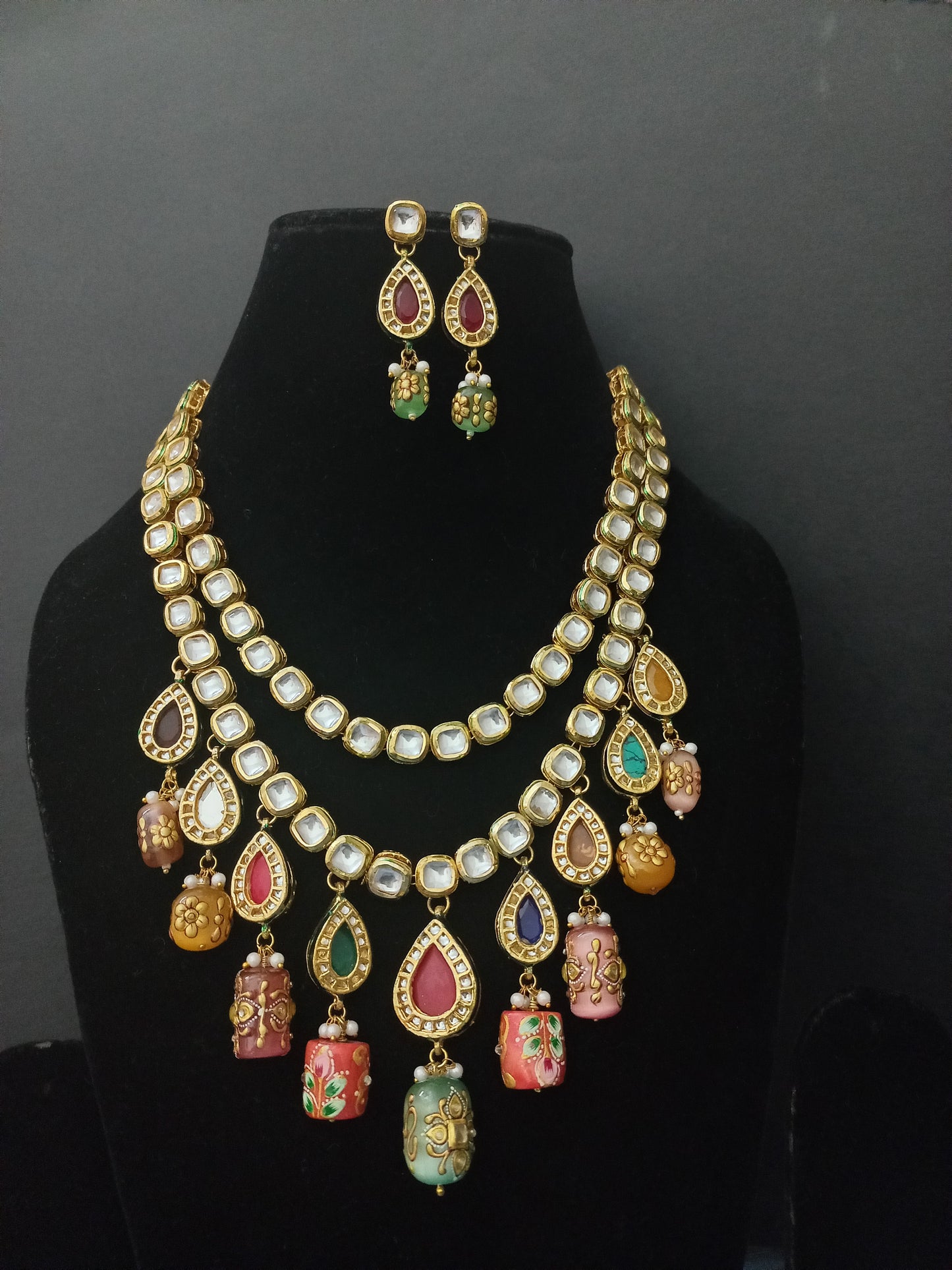 Double Layered Navrattan Necklace with Polki