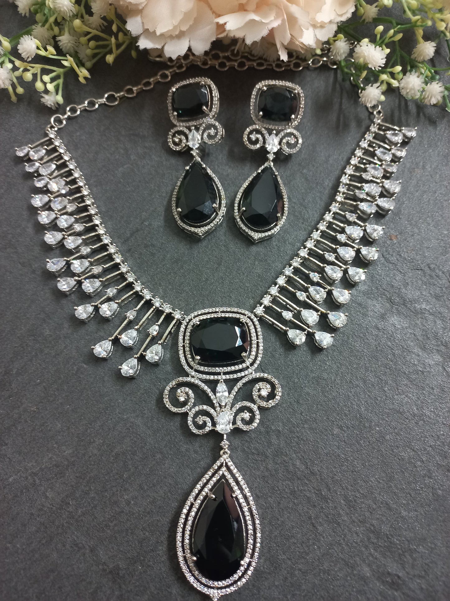 American Diamond Necklace with Black Stones