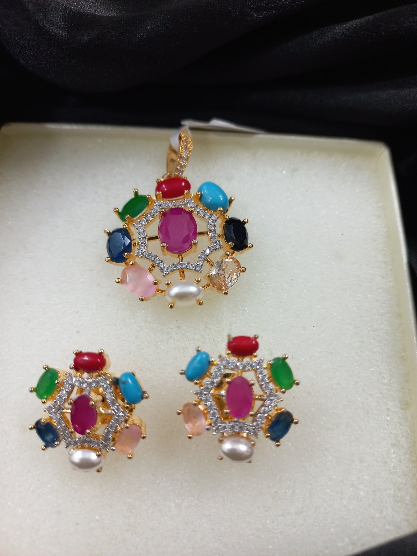 Multi Color American Diamond Pendent Set