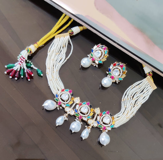 Polki Navrattan with Pearls Choker Set