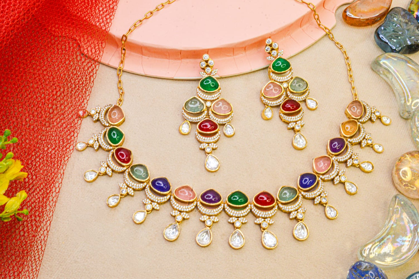 Multicolor Polki with AD Neckpiece